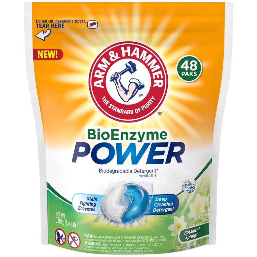 slide 1 of 4, ARM & HAMMER Bioenzyme Power Botanical Springs Biodegradable Detergent Paks, 48 ct