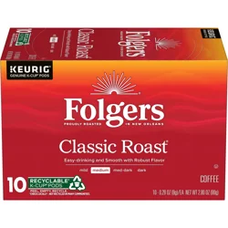 Folgers Classic Roast Coffee, Medium Roast, Keurig K-Cup Pods, 10 Count Box