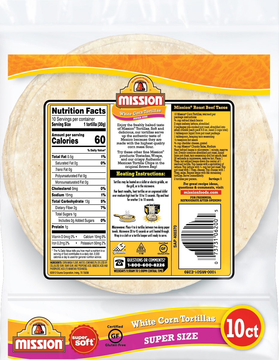 slide 2 of 3, Mission Super Size Gluten Free Super Soft White Corn Tortillas, 10 ct