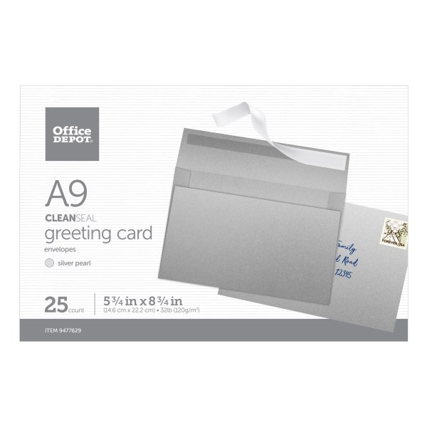 slide 1 of 3, Office Depot Brand Clean Seal Greeting Card Envelopes, A9, 5-3/4'' X 8-3/4'', Silver Pearl, Box Of 25 Envelopes, 25 ct