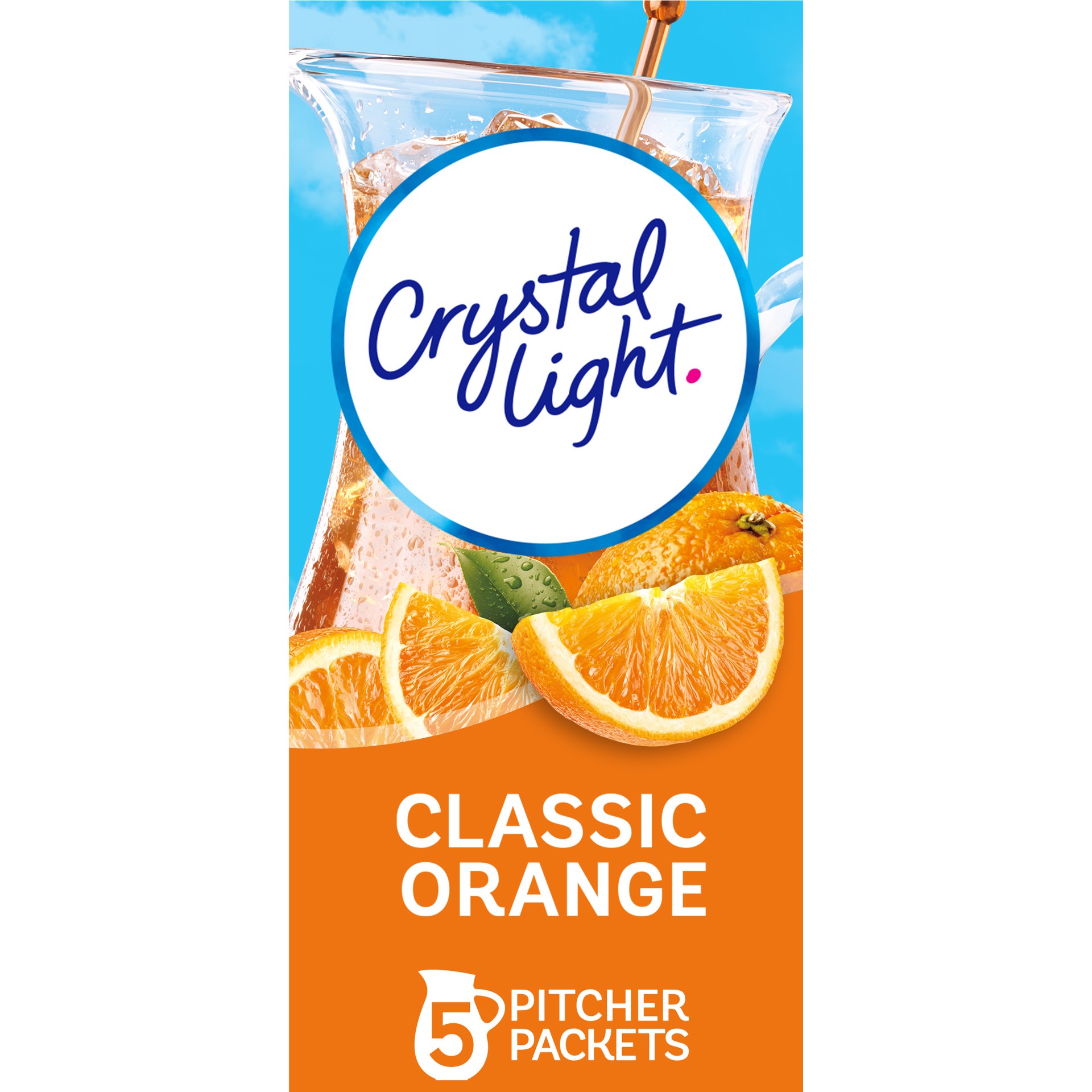 slide 1 of 5, Crystal Light Classic Orange Naturally Flavored Powdered Drink Mix with Caffeine, 5 ct Pitcher Packets, 2.5 oz