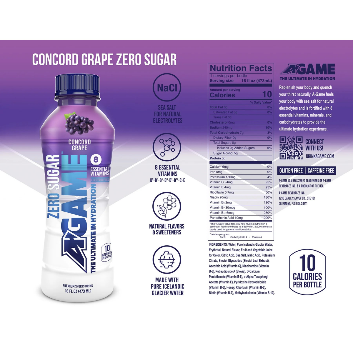 slide 2 of 5, A-Game Beverage, Grape Zero, 16 fl oz