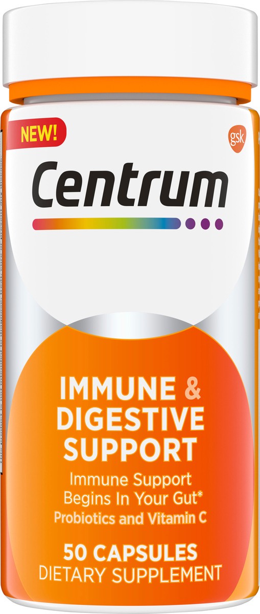 slide 1 of 9, Centrum Immune & Digestive Support, Probiotic Supplement with Vitamin C, Zinc, Organic Botanical Blend, Bacillus Coagulans for Immune Support - 50 Capsules, 50 ct