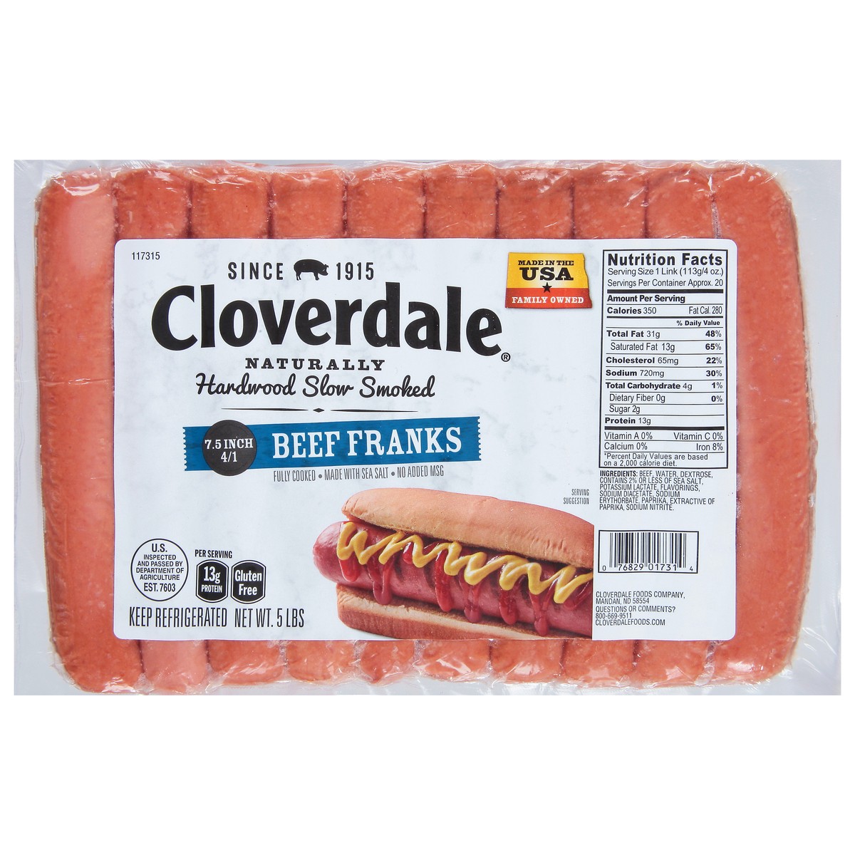 slide 1 of 11, Cloverdale Beef Hot Dogs 6 Inch 4/1 Franks (Bulk), 5 lb
