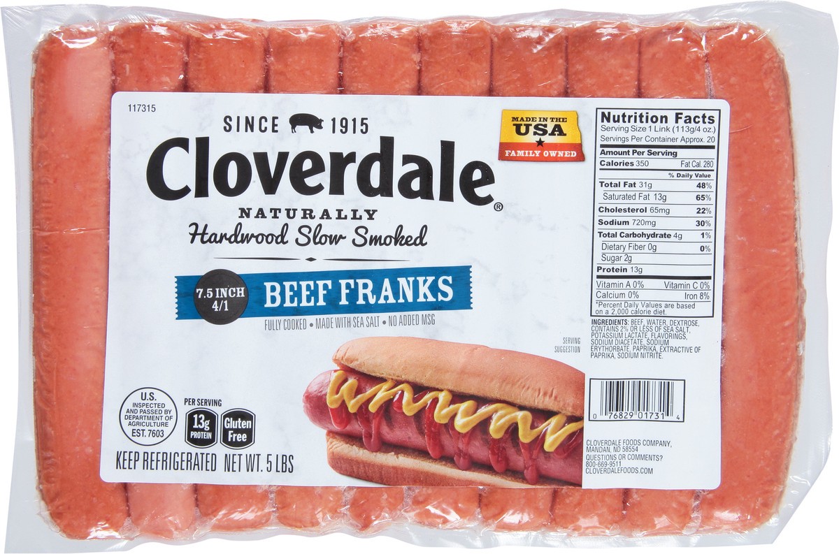 slide 9 of 11, Cloverdale Beef Hot Dogs 6 Inch 4/1 Franks (Bulk), 5 lb