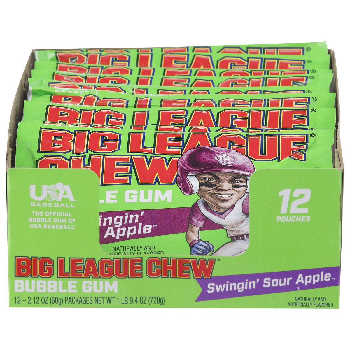 slide 1 of 4, Big League Chew Swingin' Sour Apple Bubble Gum 12 - 2.12 oz Packages, 12 ct