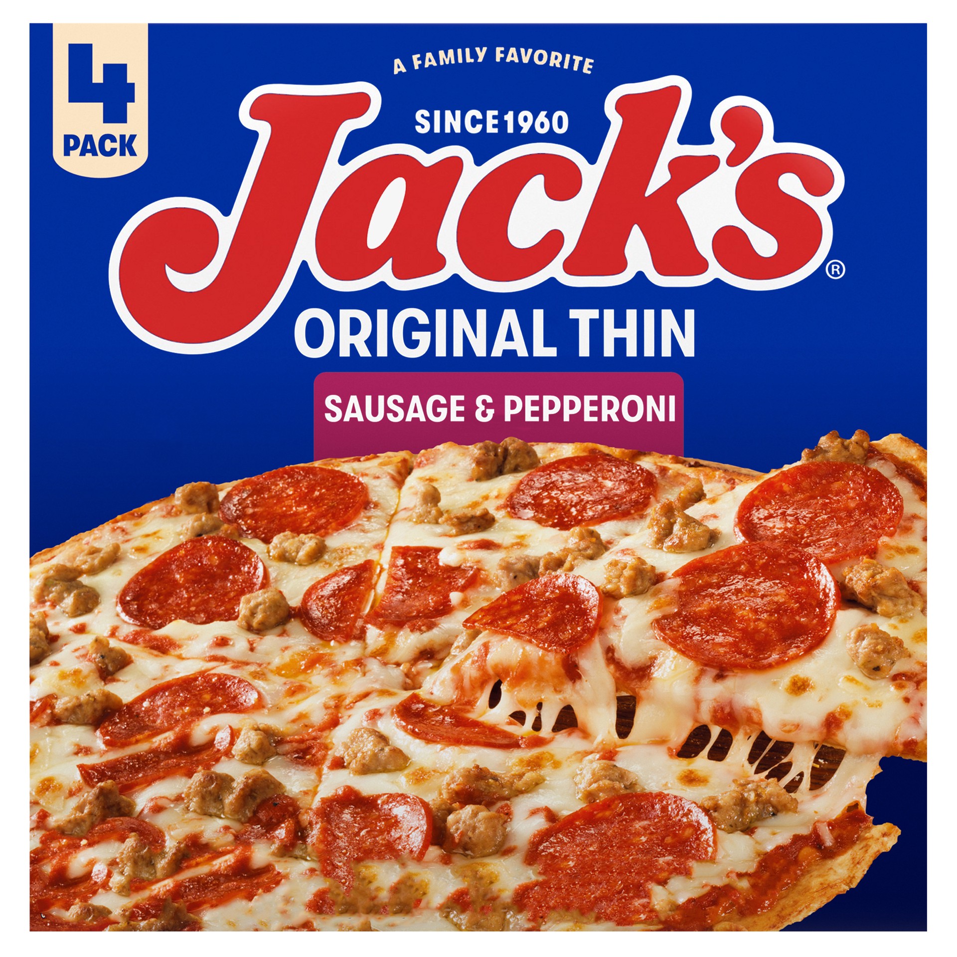 slide 1 of 3, Jack's Original Thin Crust Sausage and Pepperoni Frozen Pizza, 16.1 OZ  (Pack of 4), 64.40 oz