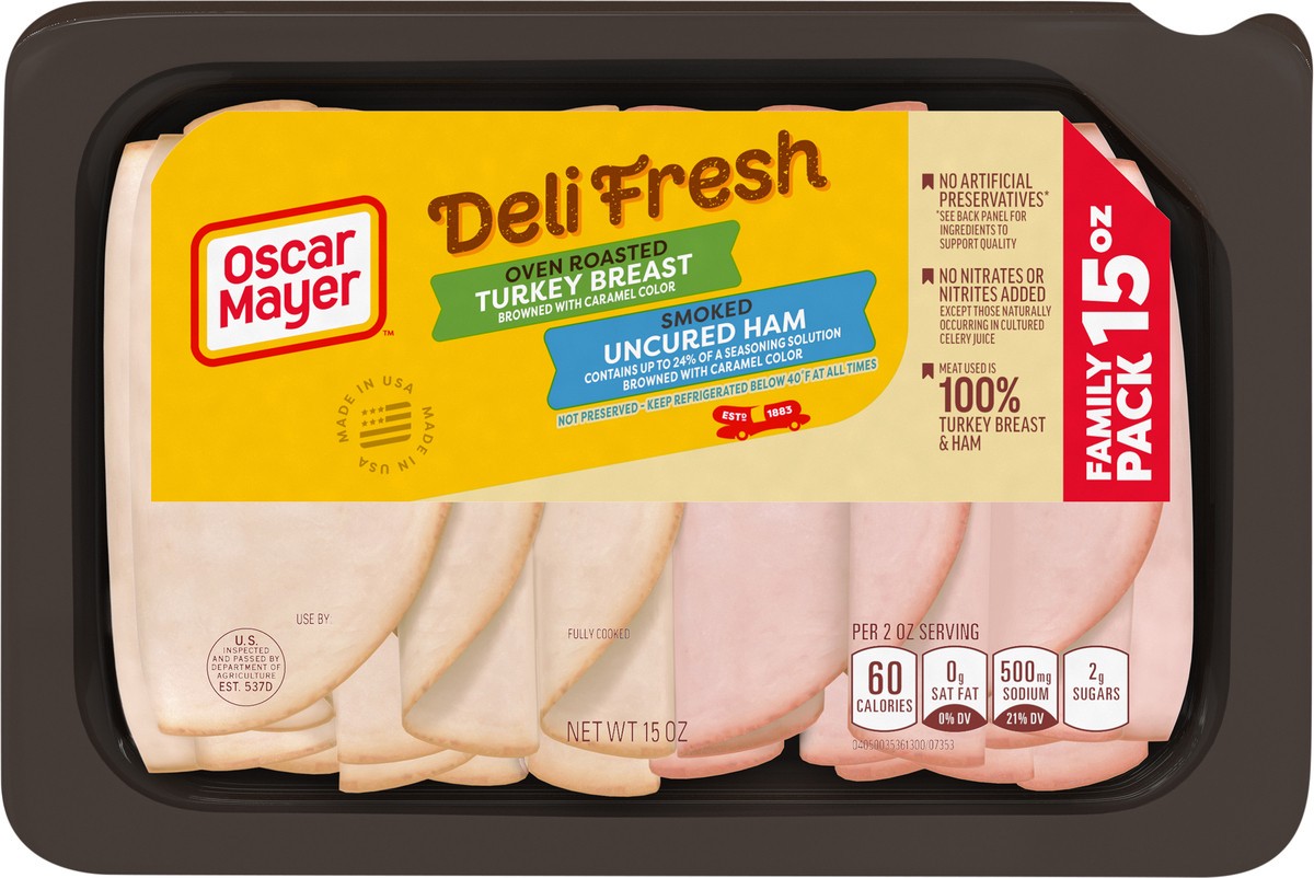 slide 2 of 9, Oscar Mayer Deli Fresh Oven Roasted Turkey Breast & Smoked Uncured Sliced Ham Deli Lunch Meats Variety Pack Family Size, 15 oz. Tray, 15 oz