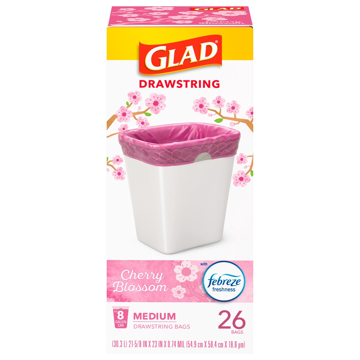 slide 1 of 14, Glad Drawstring Cherry Blossom with Febreze Freshness Bags Medium 26 ea, 26 ct