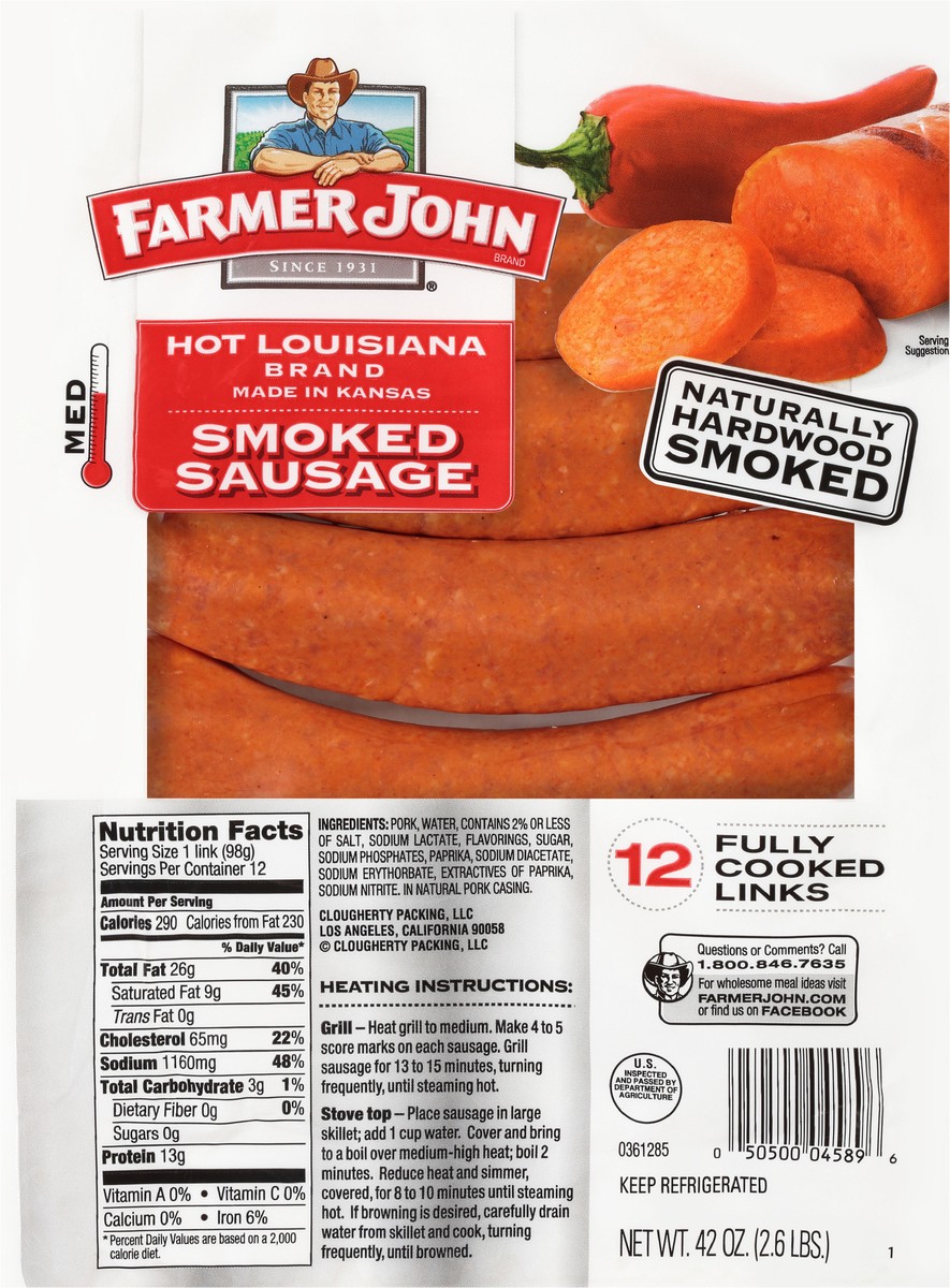 slide 2 of 2, Farmer John Hot Louisiana Brand Smoked Sausage, 12 ct