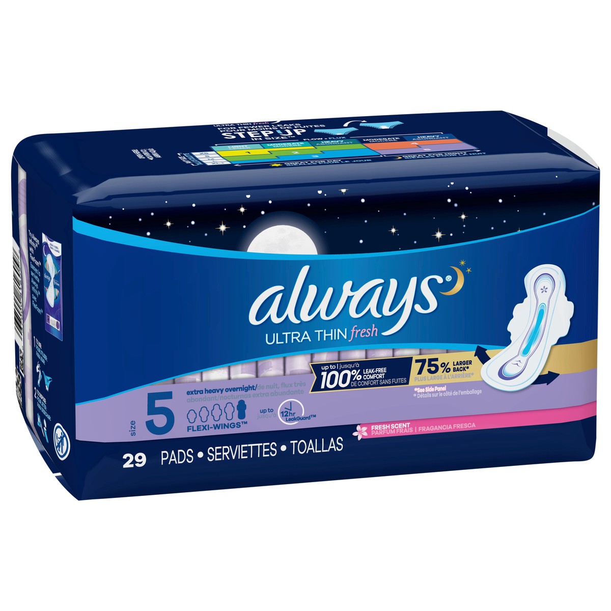 slide 2 of 4, Always Ultra Thin Pads Size 5 Extra Heavy Overnight Absorbency Scented with Wings, 29 Count, Size 5