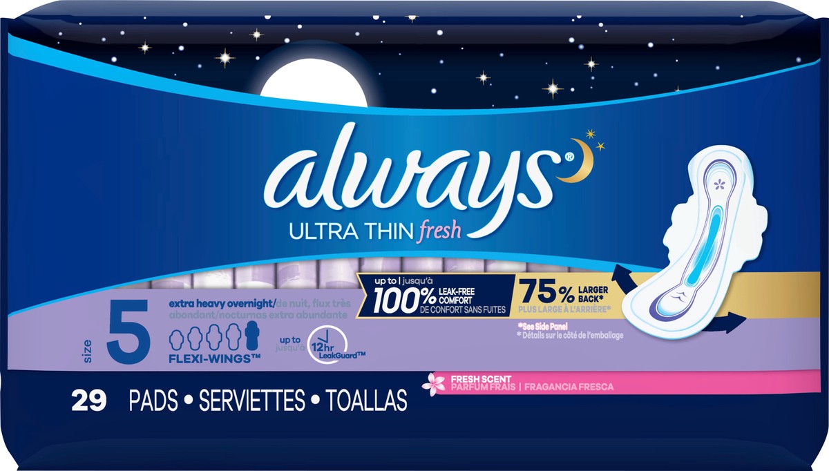 slide 3 of 4, Always Ultra Thin Pads Size 5 Extra Heavy Overnight Absorbency Scented with Wings, 29 Count, Size 5