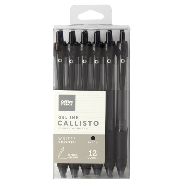 slide 1 of 2, Office Depot Callisto Retractable Gel Ink Pens, Medium Point, Black Barrel, Black Ink, 12 ct; 0.7 mm