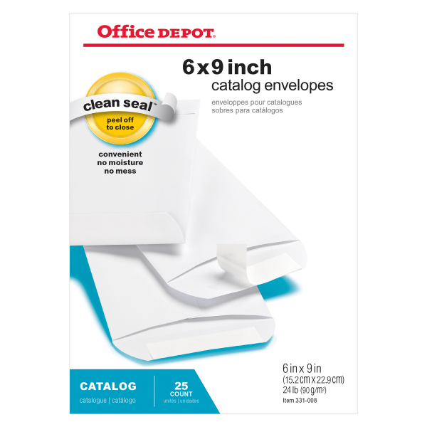 slide 1 of 1, Office Depot Brand Clean Seal Catalog Envelopes, 6'' X 9'', White, Pack Of 25, 25 ct