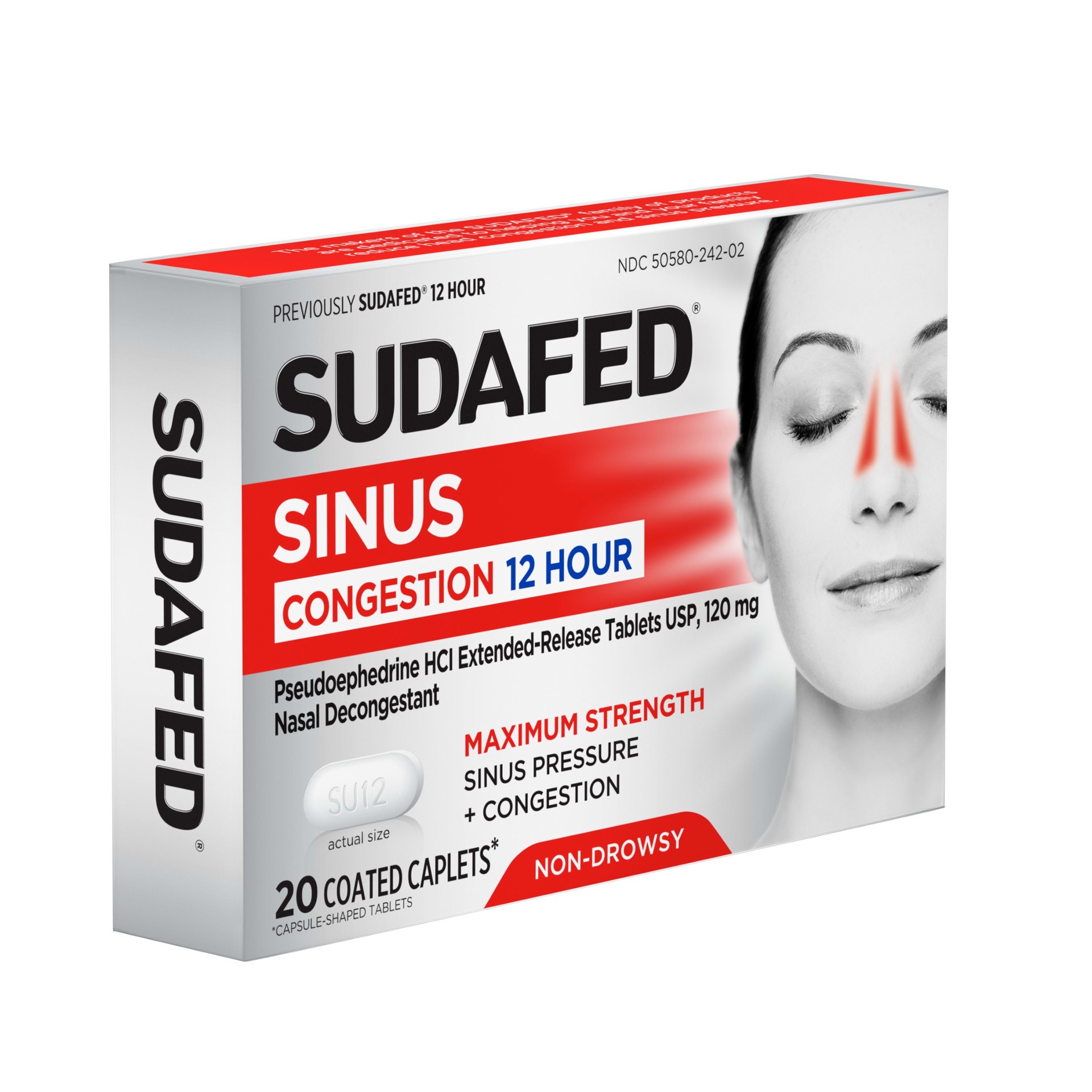 slide 3 of 5, Sudafed Maximum Strength 12-Hour Sinus Decongestant for Sinus Pressure, Sinus Congestion & Nasal Congestion Relief, Non-Drowsy Caplets with 120 mg Pseudoephedrine HCl, 20 ct, 