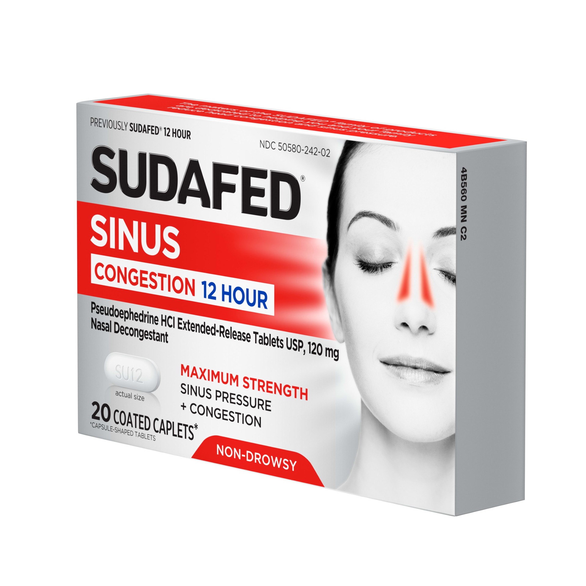 slide 4 of 5, Sudafed Maximum Strength 12-Hour Sinus Decongestant for Sinus Pressure, Sinus Congestion & Nasal Congestion Relief, Non-Drowsy Caplets with 120 mg Pseudoephedrine HCl, 20 ct, 