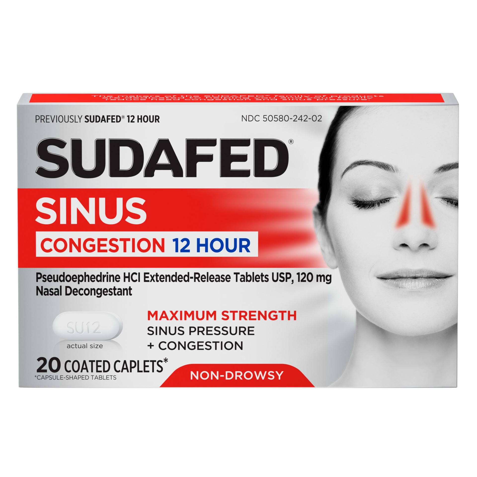 slide 2 of 5, Sudafed 12-Hour Sinus Decongestant, Maximum Strength for Sinus Pressure, Sinus Congestion & Nasal Congestion Relief, Non-Drowsy Caplets with 120 mg Pseudoephedrine HCl, 20 ct,
