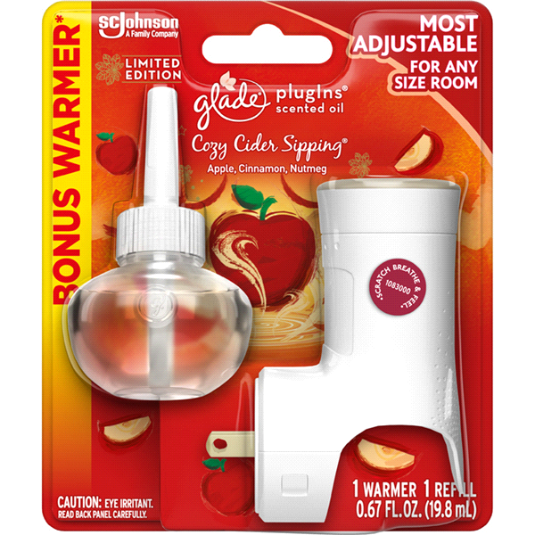 slide 1 of 1, Glade Plugins Scented Oil Warmer & Refill Starter Kit- Cozy Cider Sipping, 0.67 fl oz