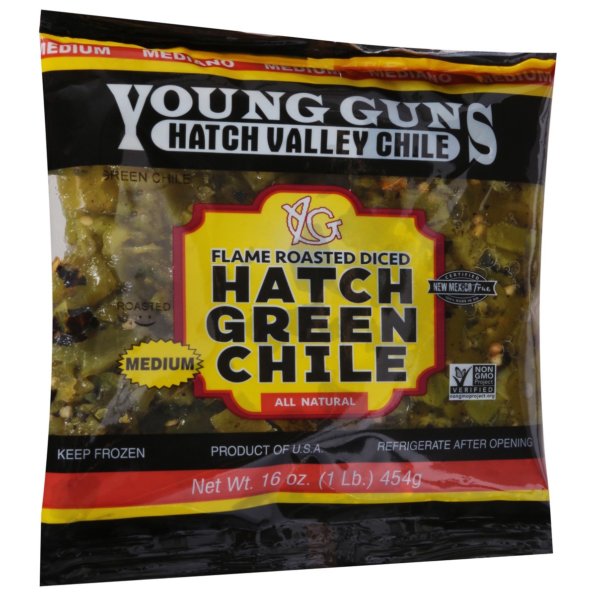 slide 2 of 9, Young Guns Diced Medium Flame Roasted Hatch Green Chile 16 oz, 16 oz