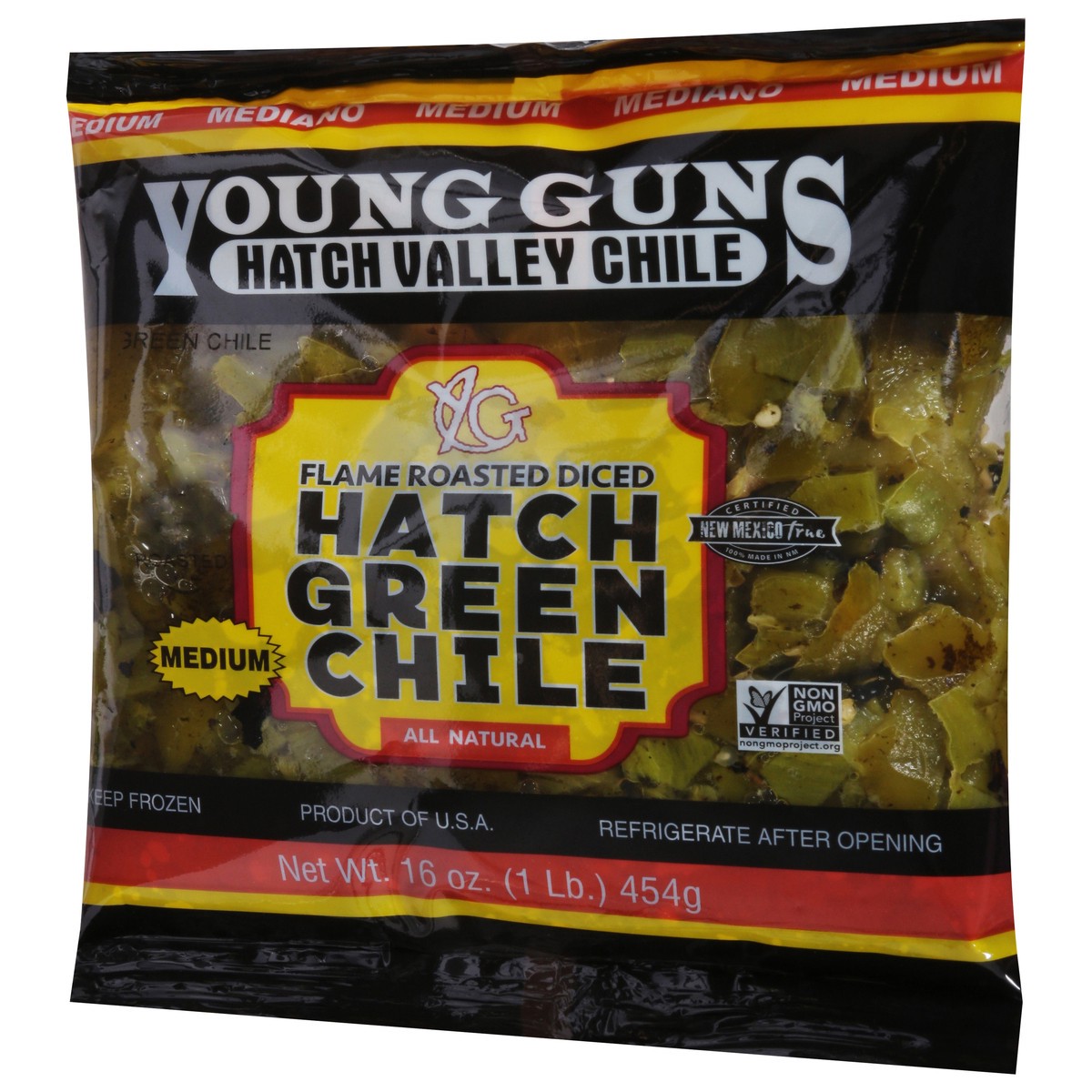 slide 3 of 9, Young Guns Diced Medium Flame Roasted Hatch Green Chile 16 oz, 16 oz