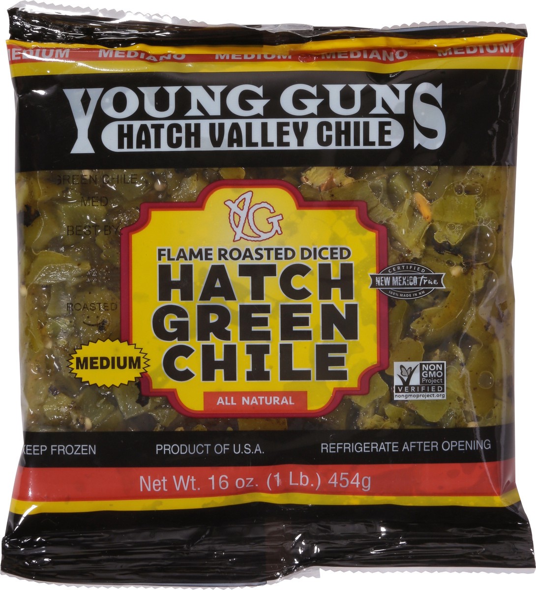 slide 6 of 9, Young Guns Diced Medium Flame Roasted Hatch Green Chile 16 oz, 16 oz