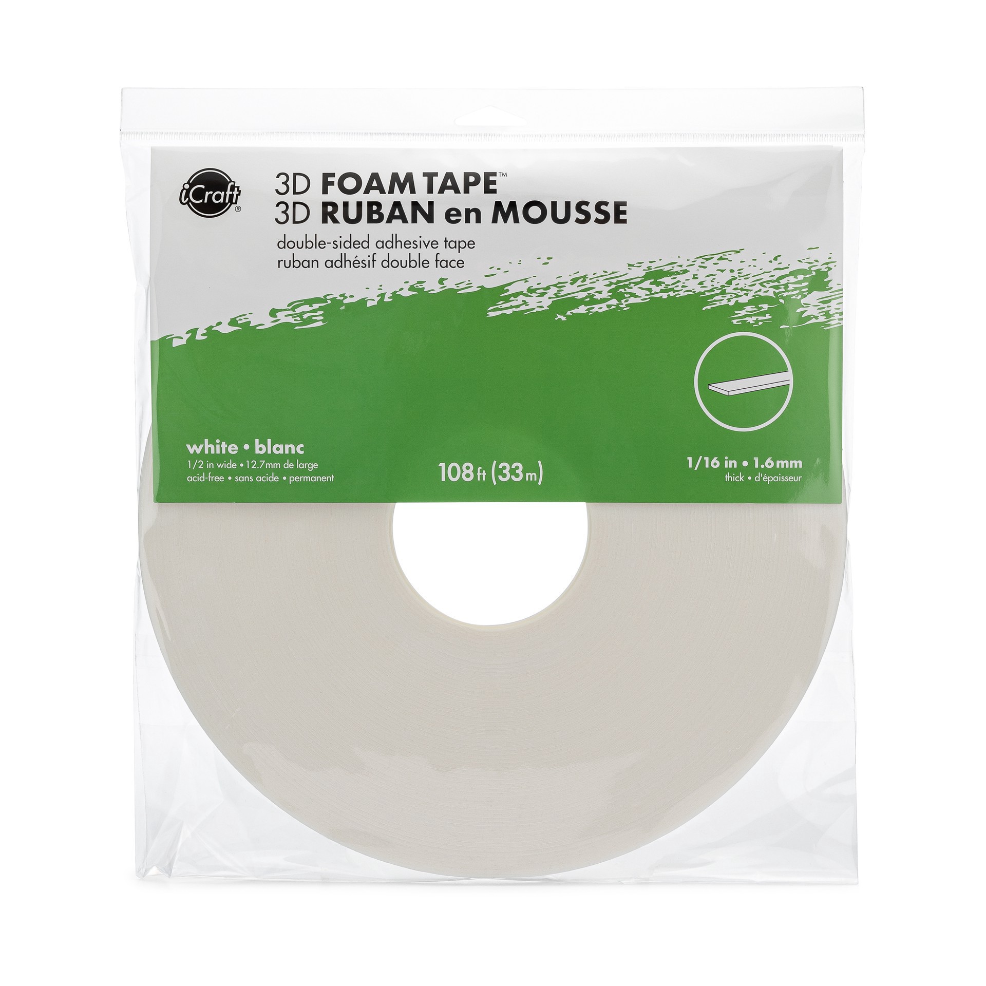 slide 5 of 5, Icraft White 3d Foam Tape Jumbo Roll, 108ft., 108 ft