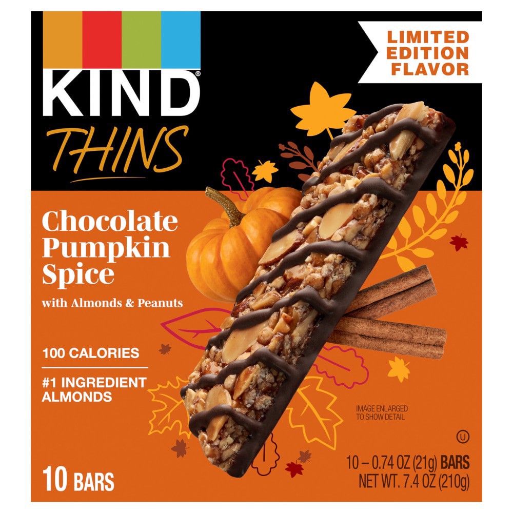 slide 1 of 1, KIND THINS Chocolate Pumpkin Spice Bars, Gluten Free Bars, 4g Sugar, 0.74 OZ Bars (10 Count), 10 ct; 0.74 oz