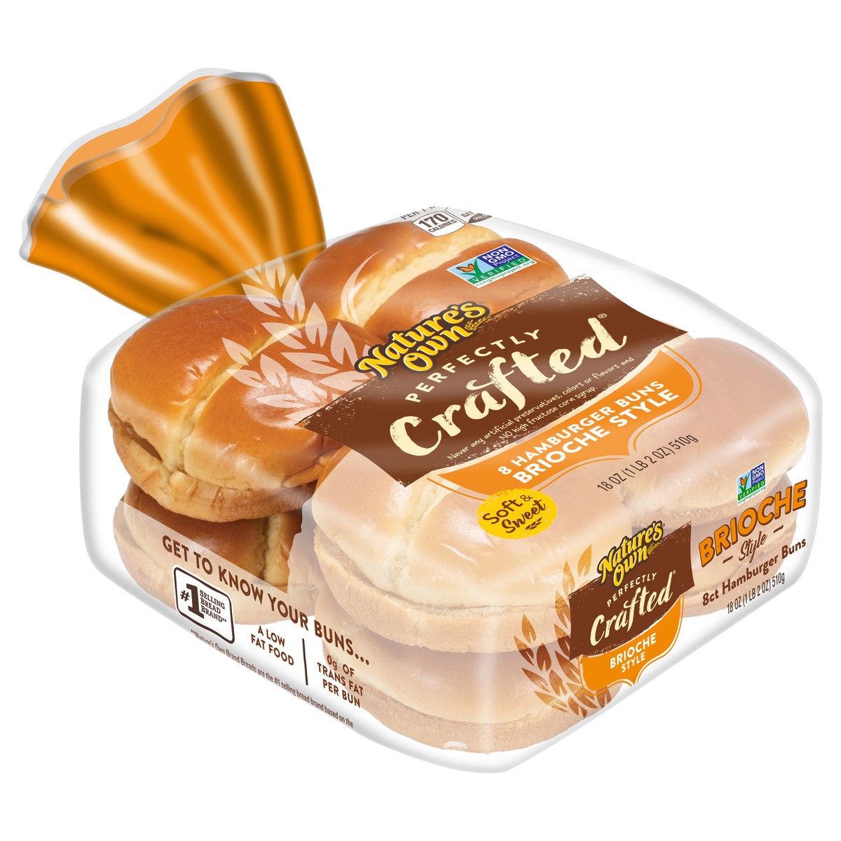 slide 2 of 14, Nature's Own Perfectly Crafted Brioche Style Hamburger Buns, Non-GMO Sandwich Buns, 8 Count, 8 ct; 18 oz