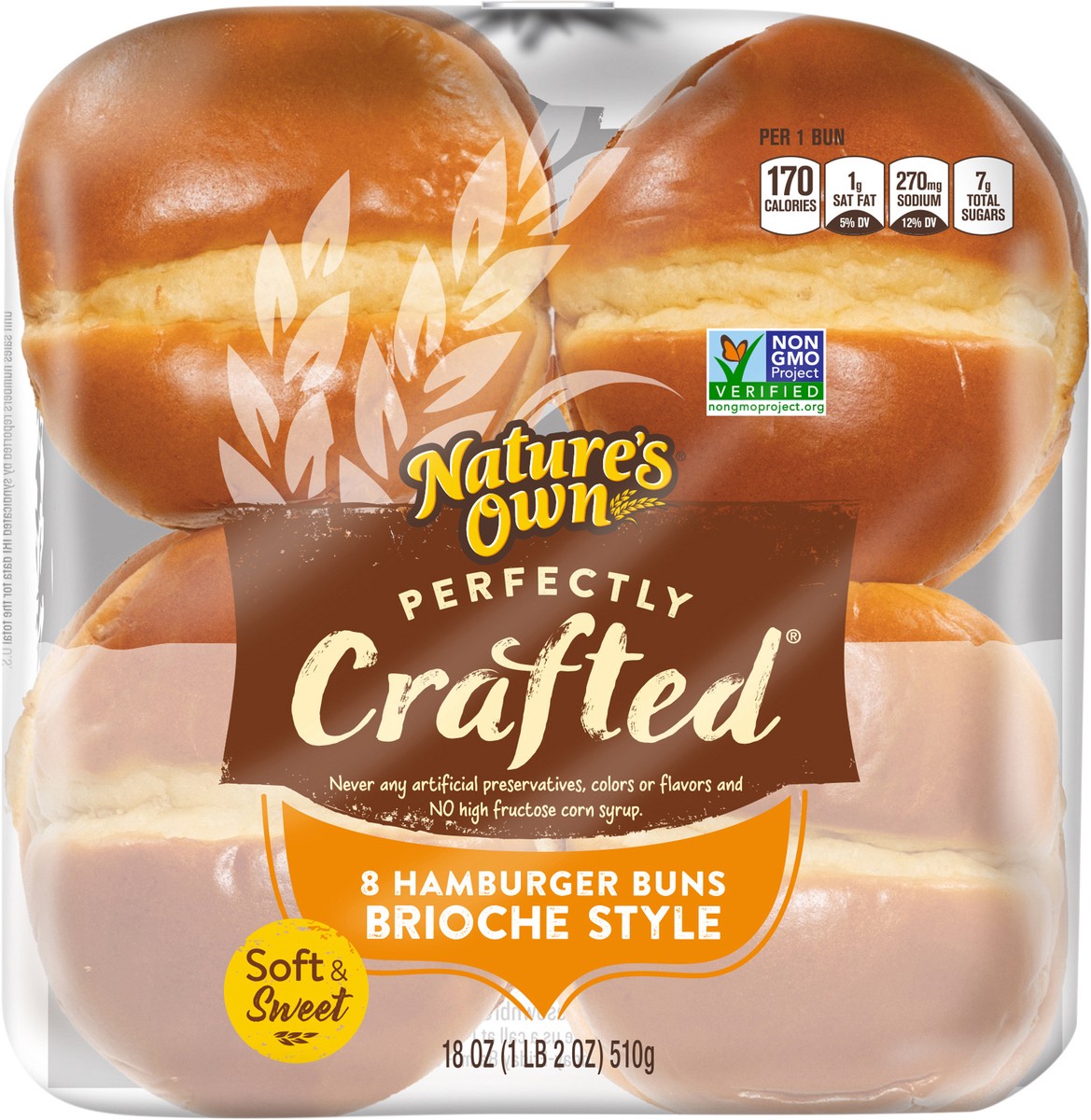 slide 6 of 14, Nature's Own Perfectly Crafted Brioche Style Hamburger Buns, Non-GMO Sandwich Buns, 8 Count, 8 ct; 18 oz