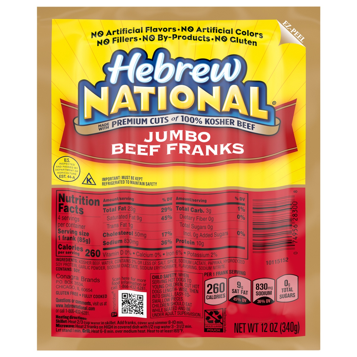 slide 1 of 2, Hebrew National Jumbo Beef Franks, 12 OZ, 4 Count Pack, 