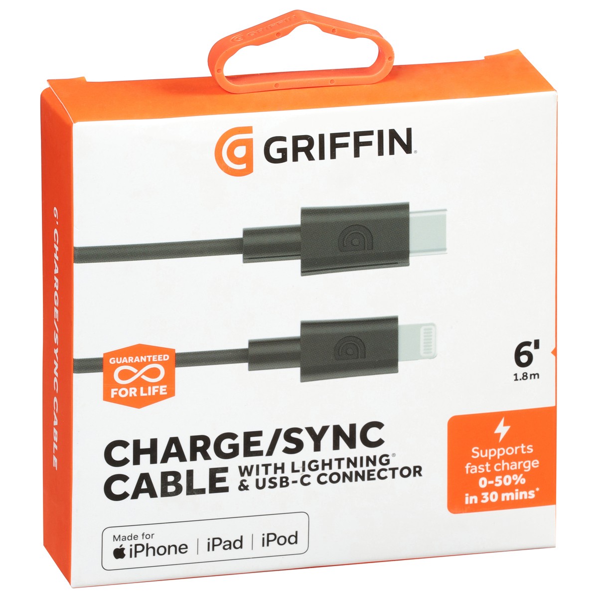 slide 2 of 9, Griffin Bros. 6 Inches (1.8 m) Charge/Sync Cable with Lightning & USB-C Connector 1 ea, 1 ct