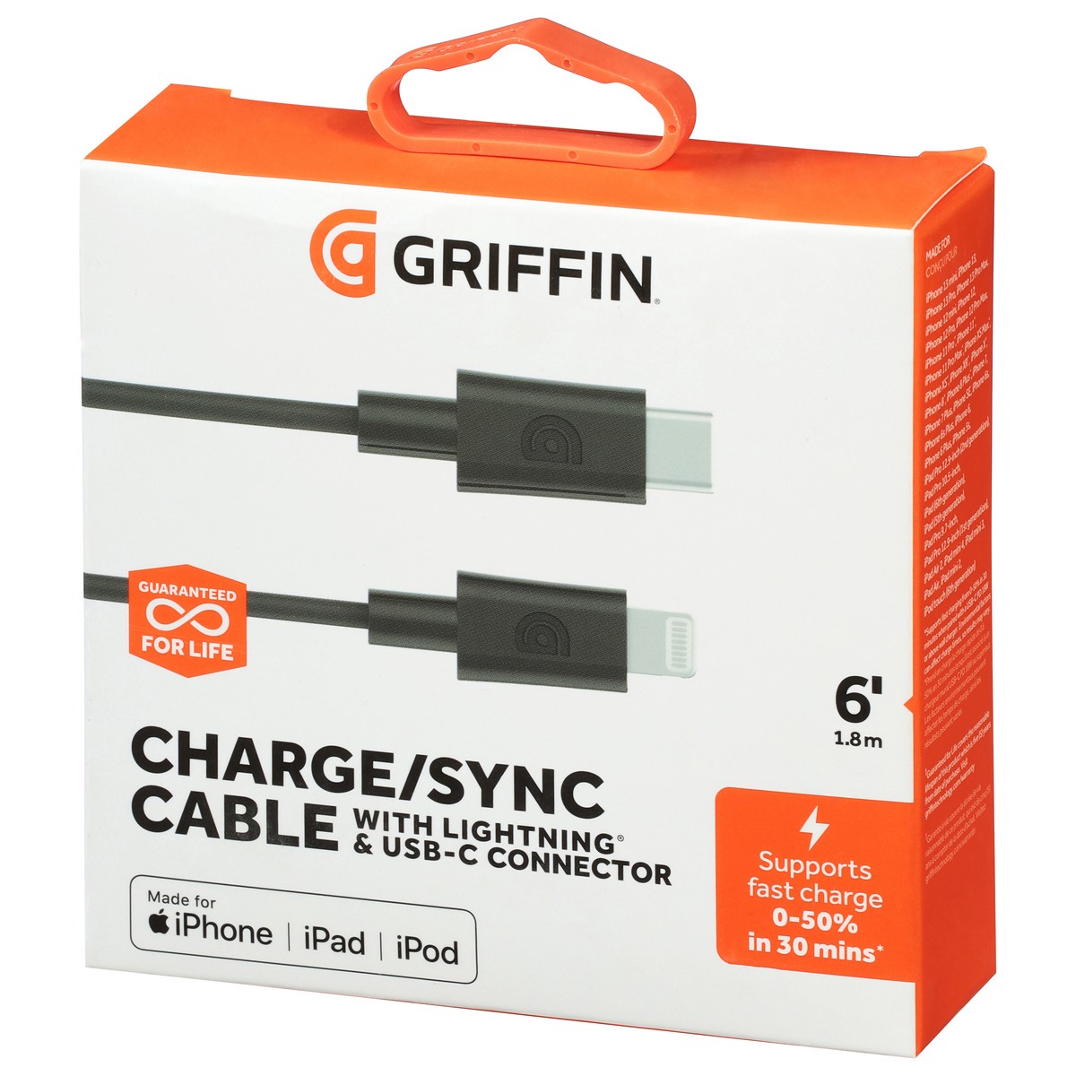 slide 8 of 9, Griffin Bros. 6 Inches (1.8 m) Charge/Sync Cable with Lightning & USB-C Connector 1 ea, 1 ct