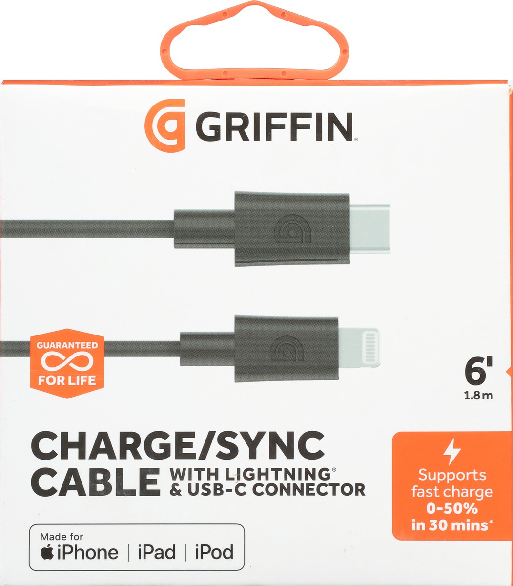slide 3 of 9, Griffin Bros. 6 Inches (1.8 m) Charge/Sync Cable with Lightning & USB-C Connector 1 ea, 1 ct