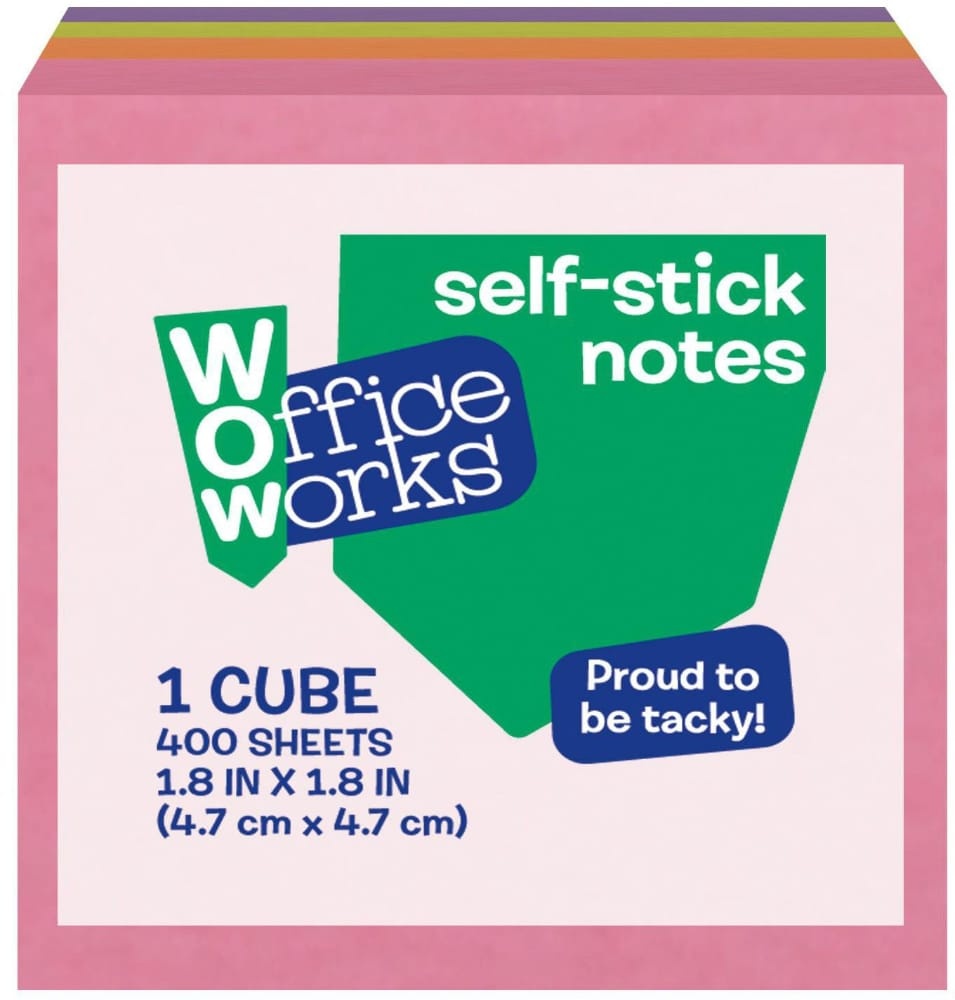 slide 1 of 1, Officeworks Self Stick Note Cube - 400 Piece - Multi-Color - 1.8 X 1.8 Inch, 1.8 in x 1.8 in