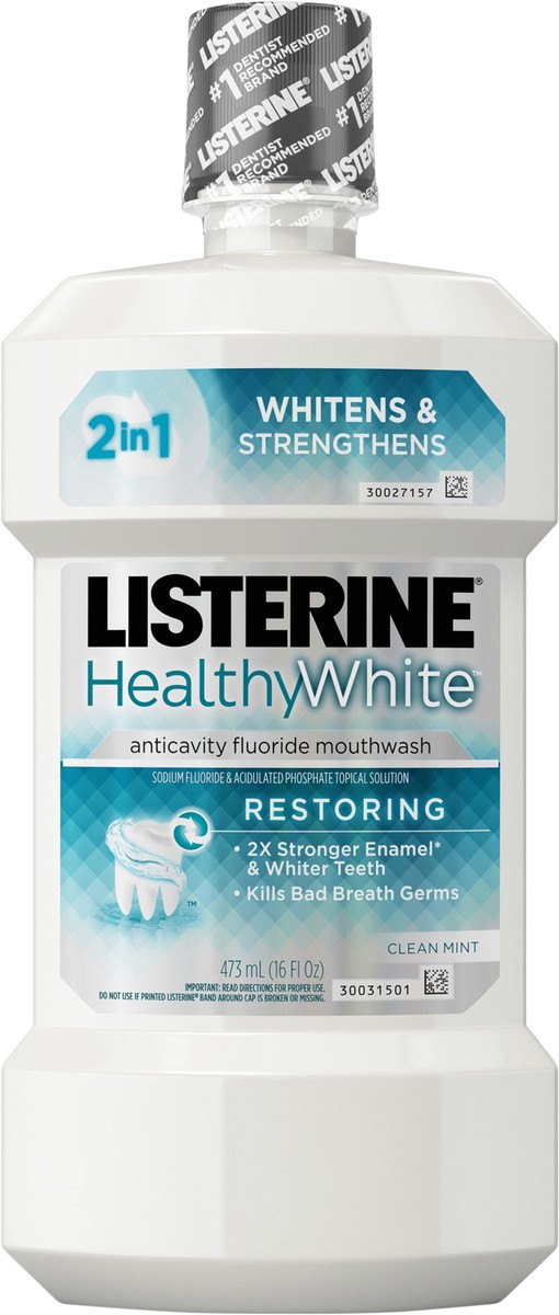 slide 5 of 7, Listerine Healthy White Restoring Fluoride Mouthwash, Anticavity Whitening Mouthwash for Stain Removal, Bad Breath and Enamel Restoration, Hydrogen Peroxide, Clean Mint Flavor, 16 fl. oz, 16 fl oz