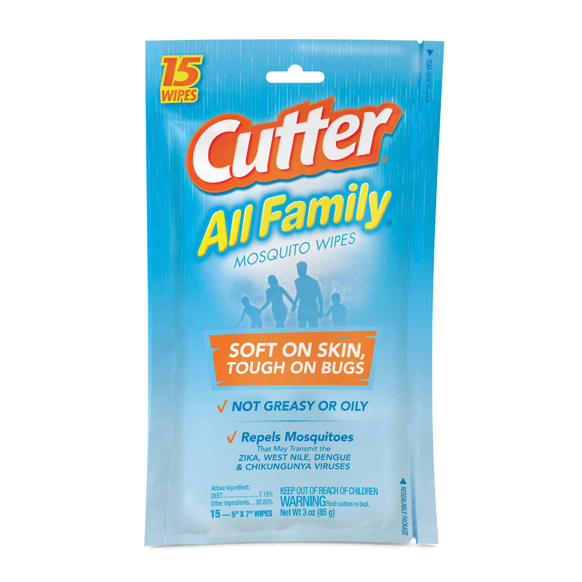 slide 1 of 1, Cutter All Family Mosquito Wipes, 15 ct