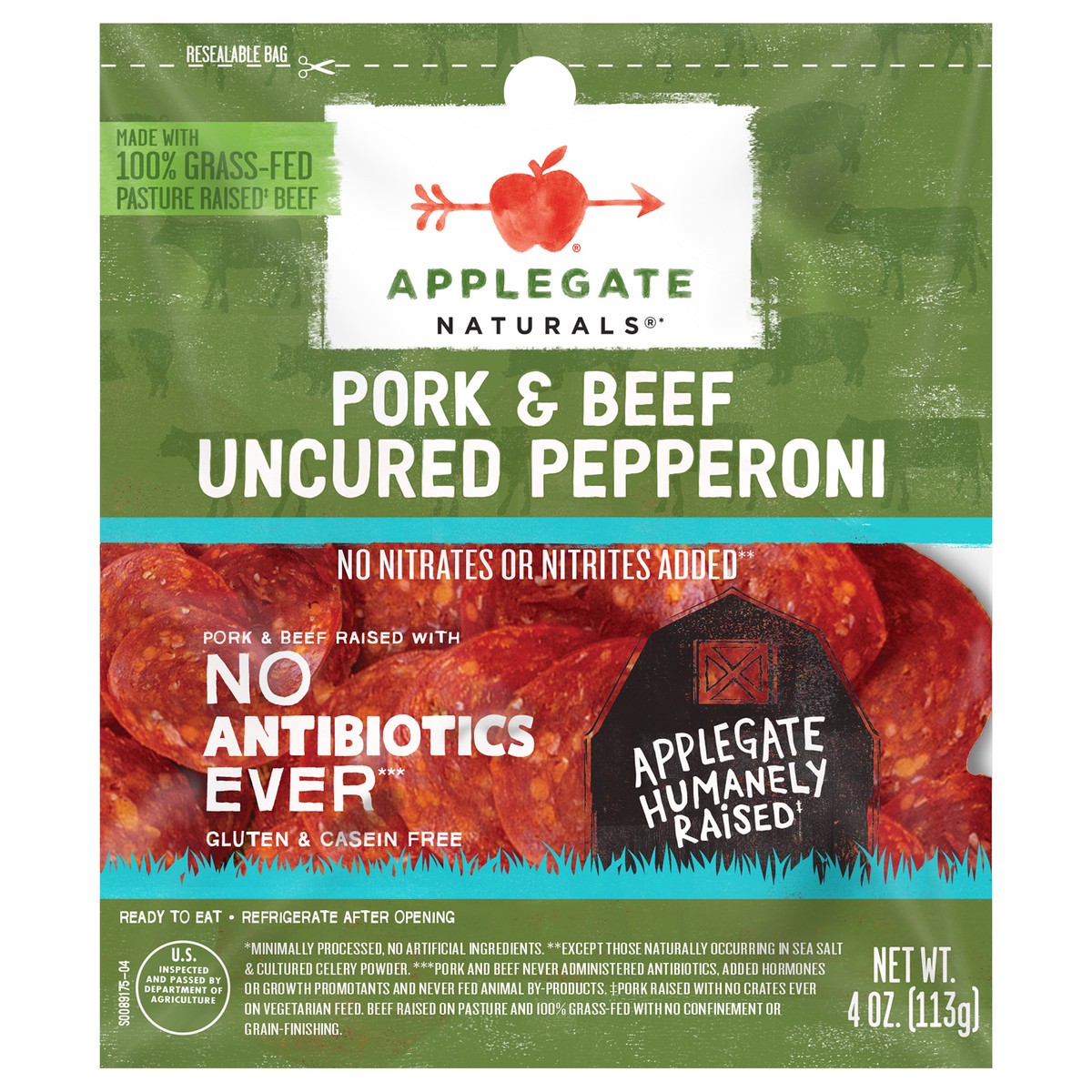 slide 1 of 10, Applegate Natural Uncured Pork & Beef Pepperoni Sliced, 4 oz
