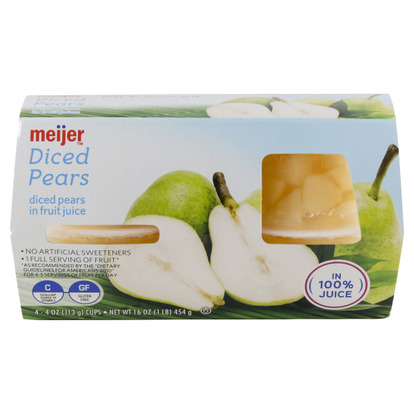 slide 1 of 1, Meijer Diced Pears In 100% Juice Cups, 4 ct; 4 oz