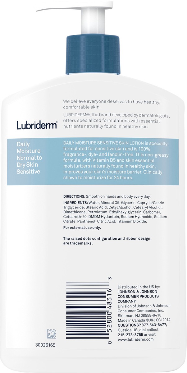 slide 4 of 7, Lubriderm Daily Moisture Hydrating Body Lotion for Sensitive, Dry Skin, Enriched with Pro-Vitamin B5, Dye- and Lanolin-Free, Unscented and Non-Greasy For Sensitive Skin Comfort, 16 fl. oz, 16 fl oz