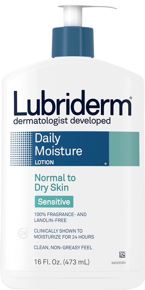 slide 5 of 7, Lubriderm Daily Moisture Hydrating Body Lotion for Sensitive, Dry Skin, Enriched with Pro-Vitamin B5, Dye- and Lanolin-Free, Unscented and Non-Greasy For Sensitive Skin Comfort, 16 fl. oz, 16 fl oz