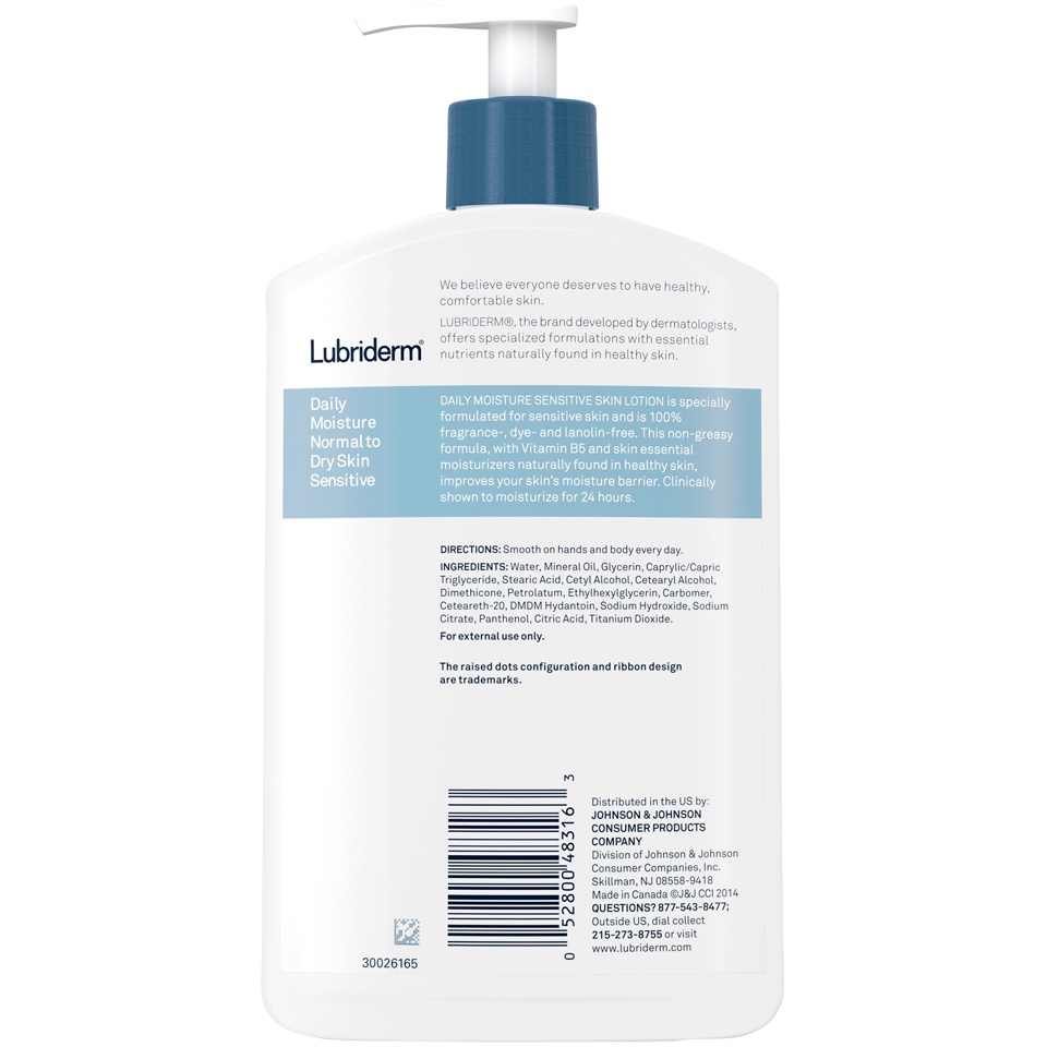 slide 6 of 6, Lubriderm Daily Moisture Hydrating Body Lotion for Sensitive, Dry Skin, Enriched with Pro-Vitamin B5, Dye- and Lanolin-Free, Unscented and Non-Greasy For Sensitive Skin Comfort, 16 fl oz