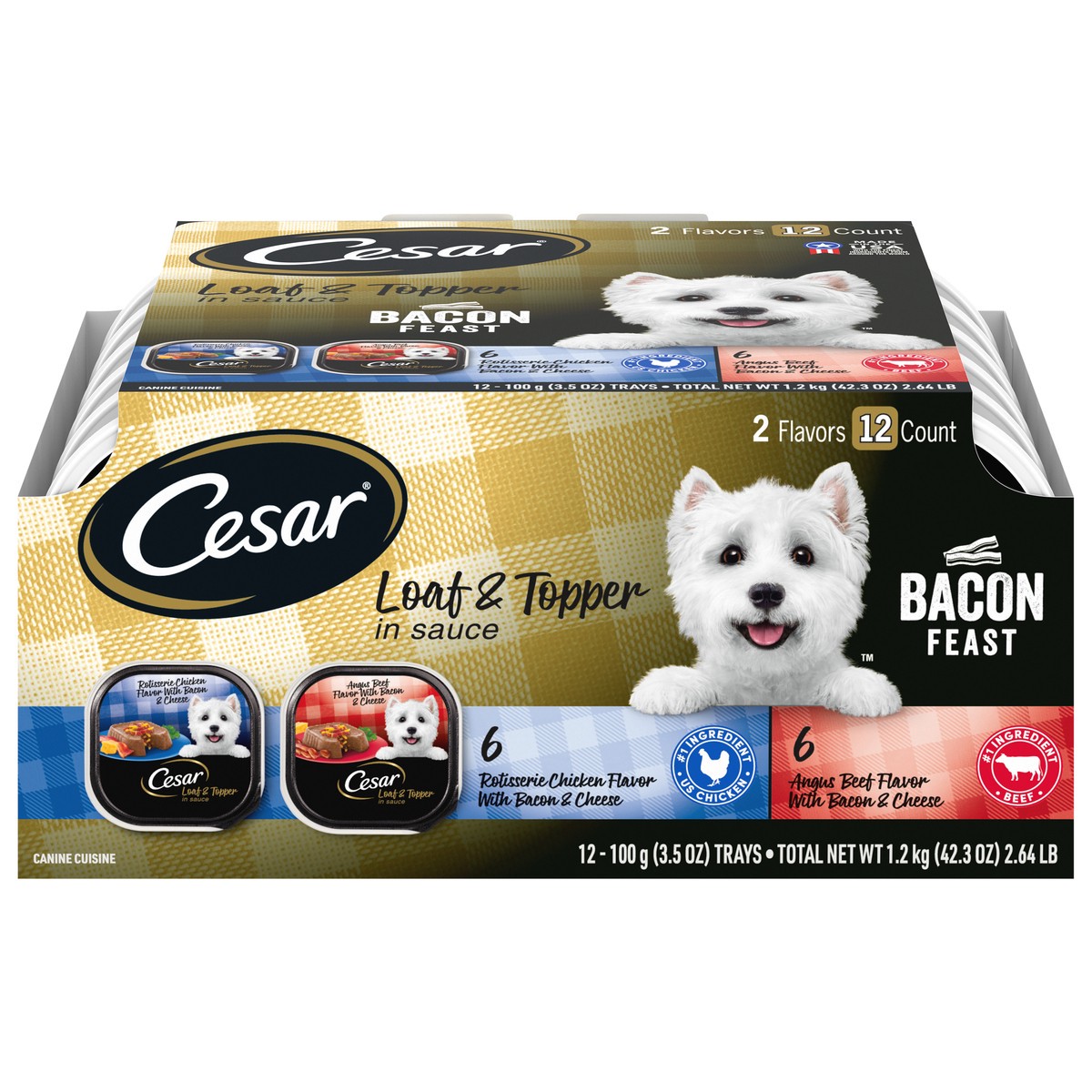 slide 1 of 3, Cesar Wet Dog Food Loaf & Topper in Sauce Bacon Feast Variety Pack, 12 ct; 3.5 oz