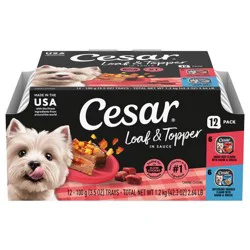 Cesar Loaf & Topper in Sauce Angus Beef Flavor with Bacon & Cheese/Rotisserie Chicken Flavor with Bacon & Cheese Canine Cuisine 12 - 3.5 oz Trays