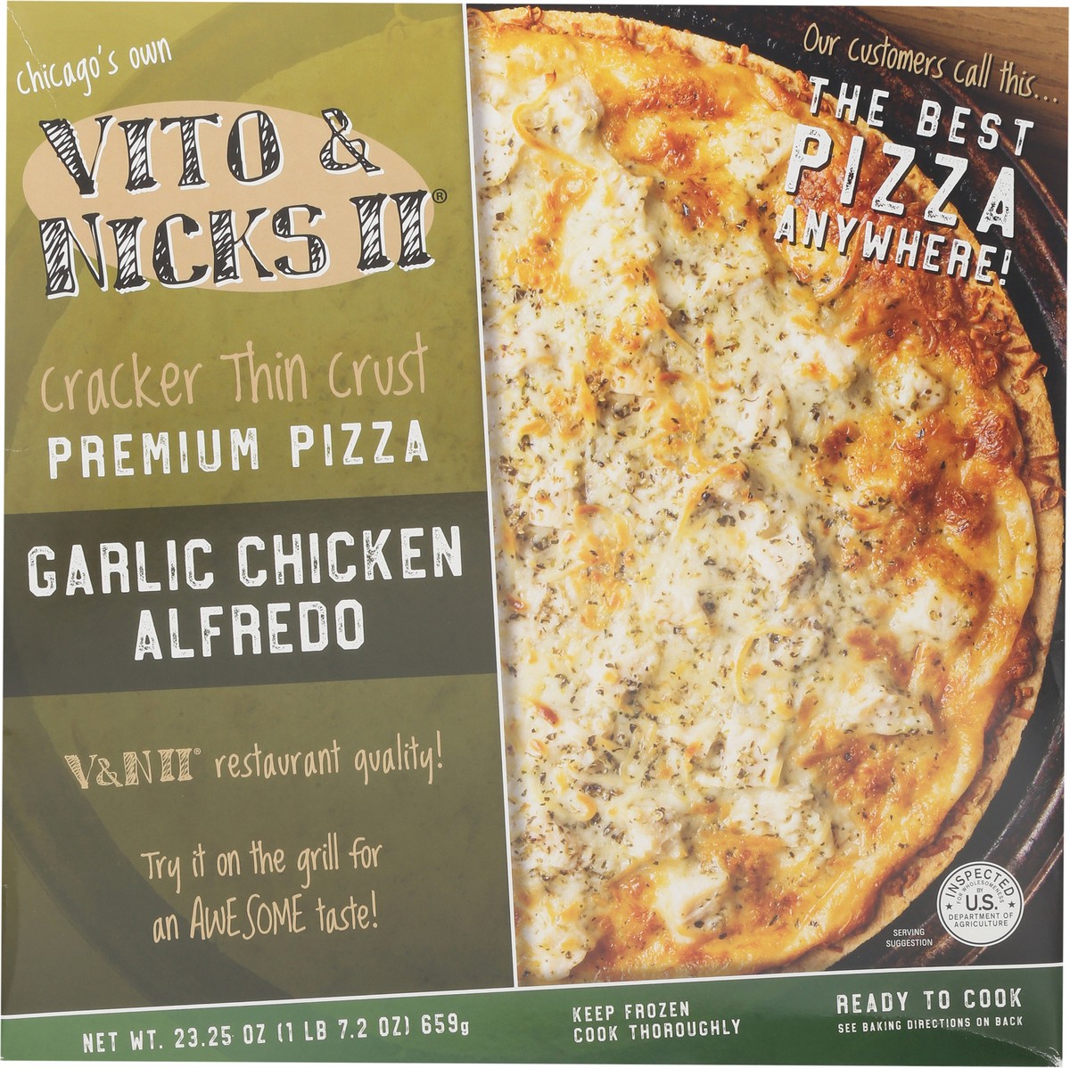 slide 4 of 13, Vito & Nicks II Cracker Thin Crust Premium Garlic Chicken Alfredo Pizza 23.25 oz, 23.25 oz