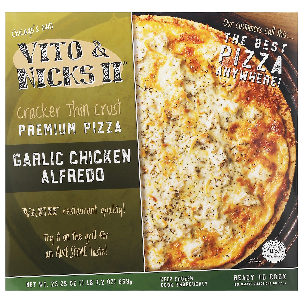 slide 1 of 13, Vito & Nicks II Cracker Thin Crust Premium Garlic Chicken Alfredo Pizza 23.25 oz, 23.25 oz
