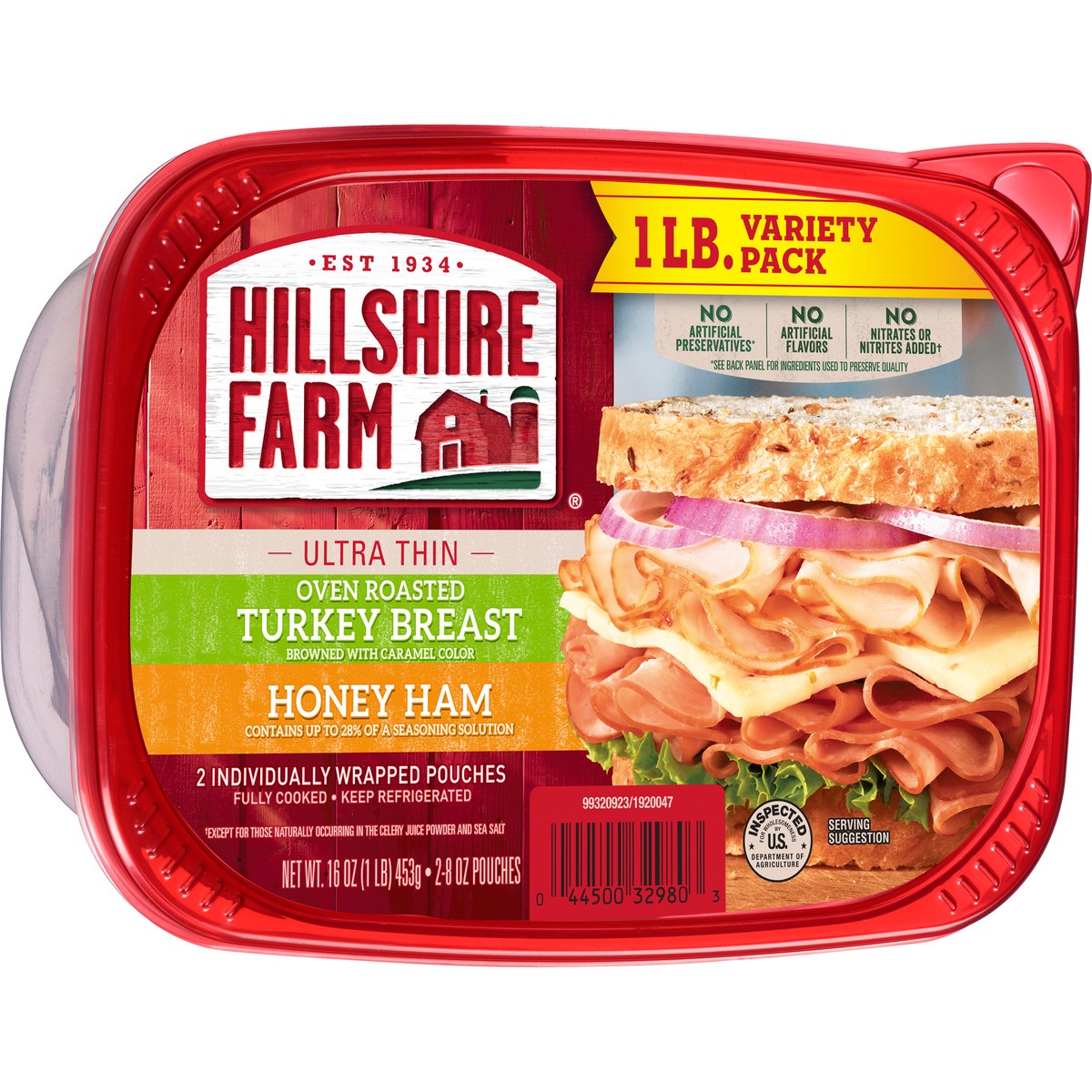 slide 7 of 8, Hillshire Farm Ultra Thin Sliced Deli Lunch Meat, Oven Roasted Turkey Breast and Honey Ham, 16 oz, 453.59 g