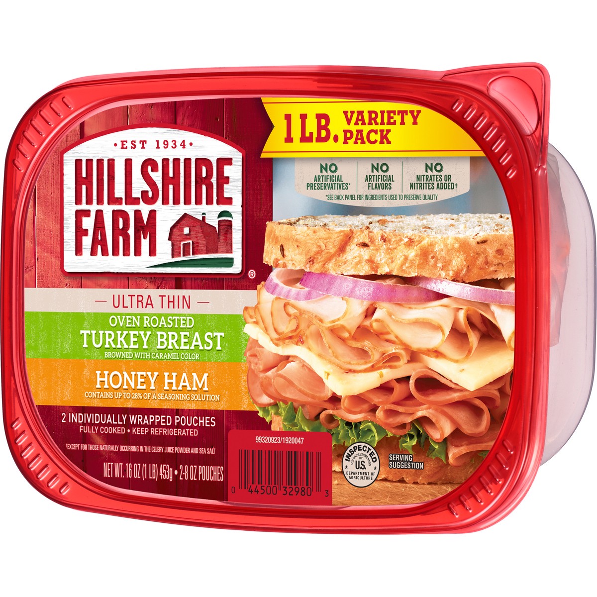 slide 6 of 8, Hillshire Farm Ultra Thin Sliced Deli Lunch Meat, Oven Roasted Turkey Breast and Honey Ham, 16 oz, 453.59 g