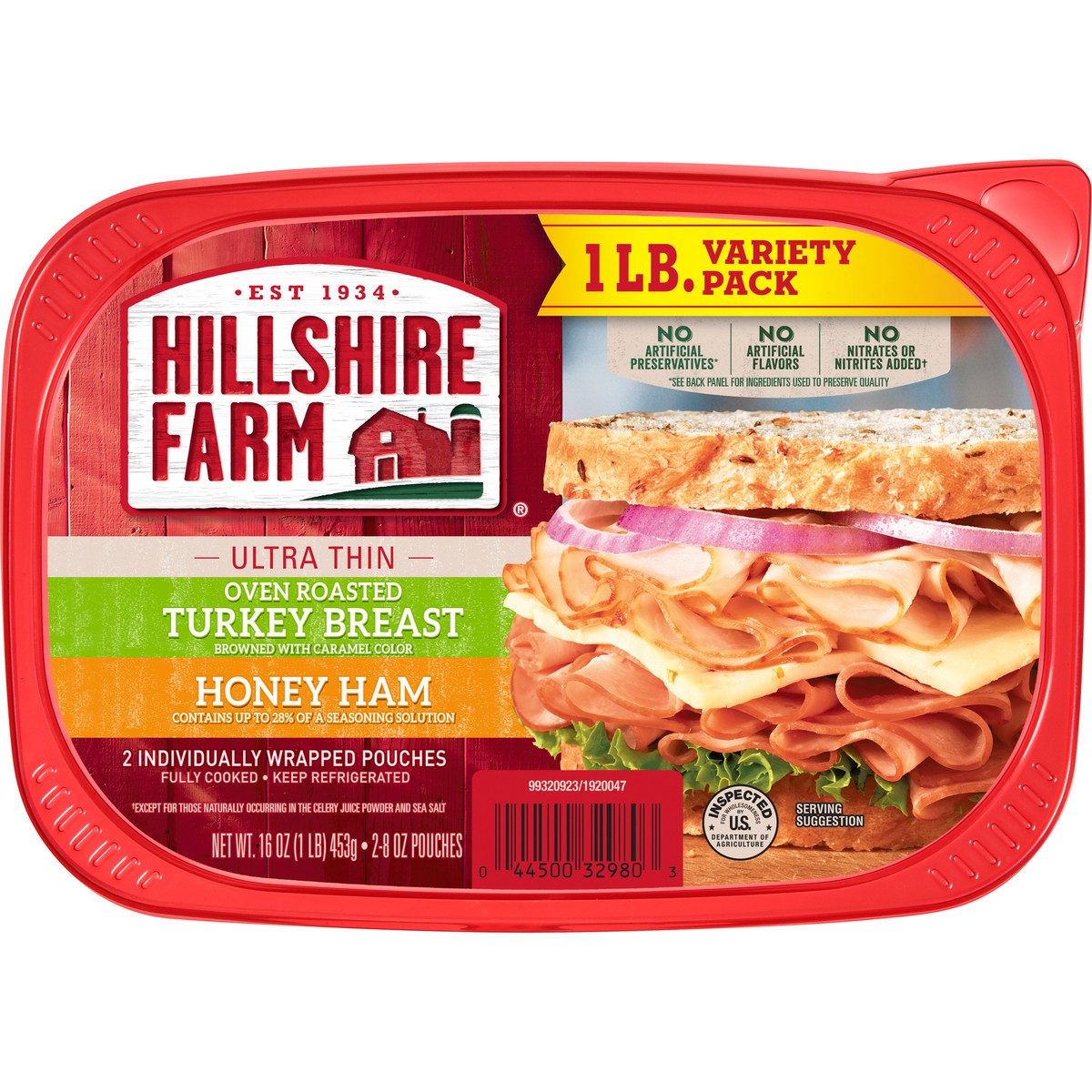 slide 8 of 8, Hillshire Farm Ultra Thin Sliced Deli Lunch Meat, Oven Roasted Turkey Breast and Honey Ham, 16 oz, 453.59 g