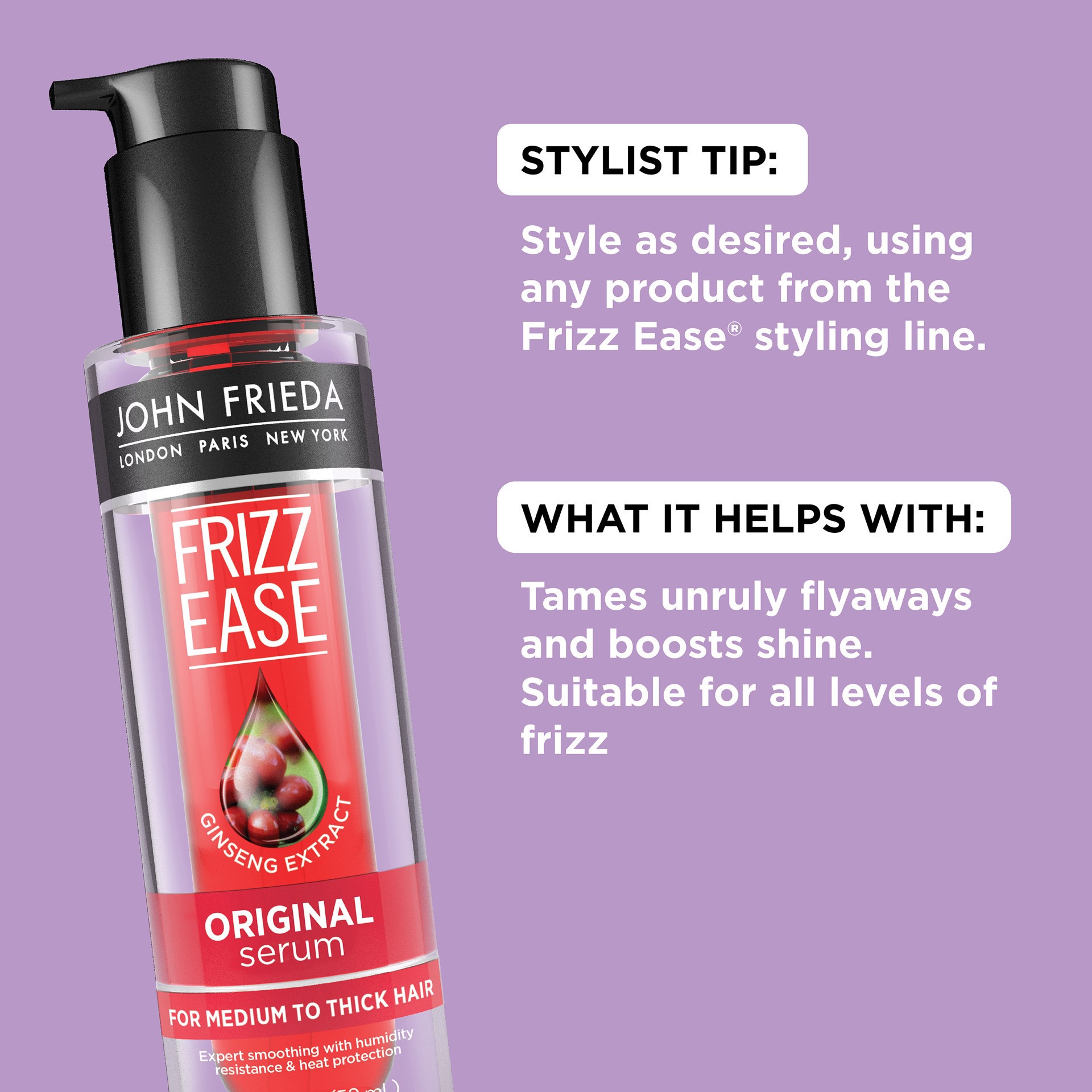 slide 9 of 13, John Frieda Frizz-Ease Hair Serum Original Formula, Anti-Frizz Heat Protecting, Infused with Silk Protein, 1.69 oz