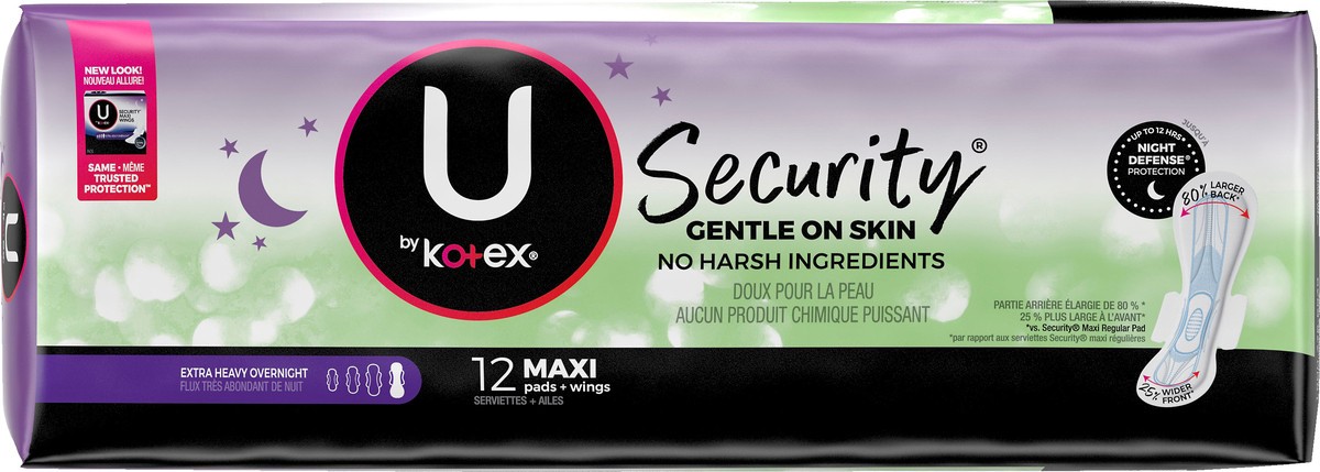 slide 3 of 9, U by Kotex Clean & Secure Overnight Maxi Pads with Wings, Extra Heavy Absorbency, 12 Count, 12 ct